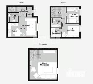 Коттедж 101м², 3-этажный, участок 1 сот.  