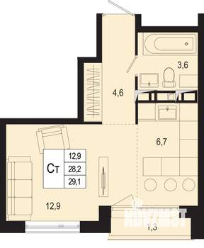 Студия квартира, строящийся дом, 28м2, 2/8 этаж