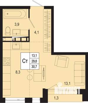 Студия квартира, строящийся дом, 30м2, 2/8 этаж