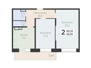 2-к квартира, строящийся дом, 67м2, 8/22 этаж