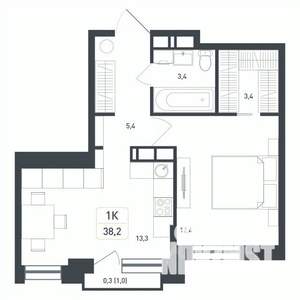 1-к квартира, строящийся дом, 38м2, 5/8 этаж