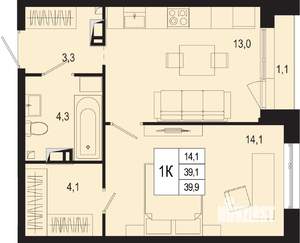1-к квартира, строящийся дом, 39м2, 5/8 этаж