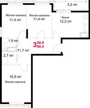 3-к квартира, строящийся дом, 68м2, 11/17 этаж