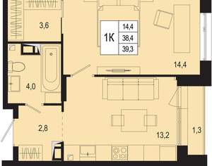 1-к квартира, вторичка, 38м2, 6/8 этаж