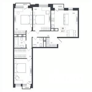 3-к квартира, строящийся дом, 82м2, 8/8 этаж