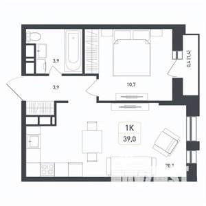 Студия квартира, строящийся дом, 39м2, 4/8 этаж