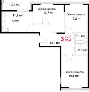 3-к квартира, строящийся дом, 74м2, 9/17 этаж