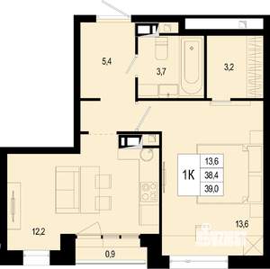 1-к квартира, строящийся дом, 38м2, 7/8 этаж