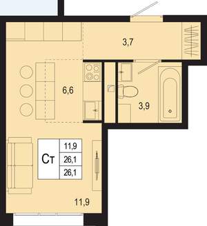 Студия квартира, строящийся дом, 26м2, 1/8 этаж