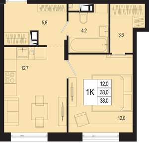 1-к квартира, вторичка, 38м2, 3/8 этаж