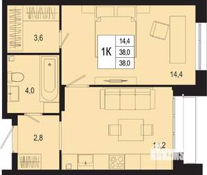 1-к квартира, строящийся дом, 38м2, 1/8 этаж
