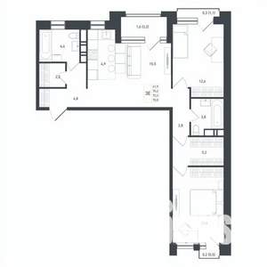 3-к квартира, строящийся дом, 76м2, 3/8 этаж