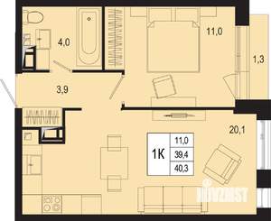 1-к квартира, строящийся дом, 39м2, 8/8 этаж