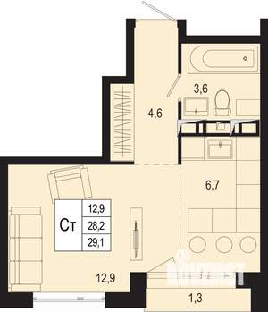 Студия квартира, строящийся дом, 28м2, 5/8 этаж