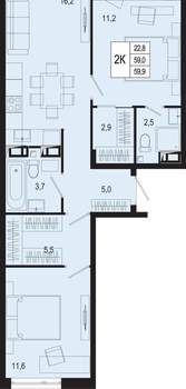 2-к квартира, вторичка, 59м2, 8/8 этаж