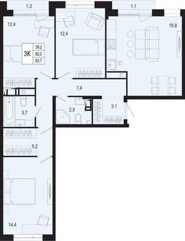 3-к квартира, строящийся дом, 82м2, 7/8 этаж