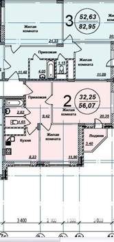 2-к квартира, вторичка, 56м2, 3/17 этаж