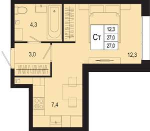 Студия квартира, строящийся дом, 27м2, 1/8 этаж