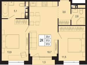 2-к квартира, вторичка, 57м2, 7/8 этаж