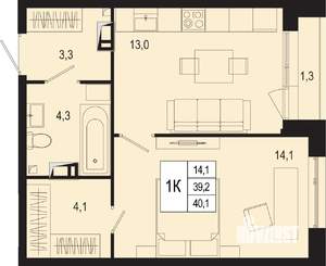 1-к квартира, строящийся дом, 39м2, 2/8 этаж