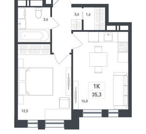1-к квартира, вторичка, 35м2, 6/8 этаж