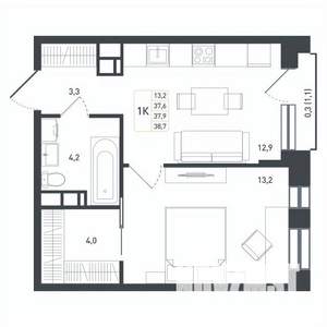 1-к квартира, строящийся дом, 40м2, 4/8 этаж