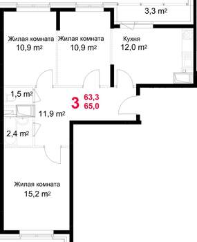 3-к квартира, строящийся дом, 65м2, 11/17 этаж