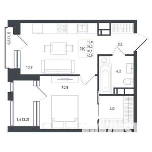 1-к квартира, строящийся дом, 38м2, 8/8 этаж