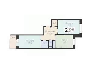 2-к квартира, строящийся дом, 66м2, 5/22 этаж