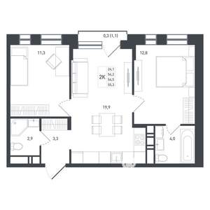 2-к квартира, строящийся дом, 55м2, 6/8 этаж