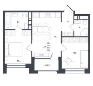 2-к квартира, вторичка, 55м2, 6/8 этаж
