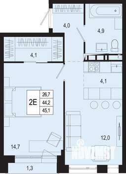 2-к квартира, строящийся дом, 44м2, 7/8 этаж