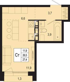 Студия квартира, строящийся дом, 27м2, 6/8 этаж