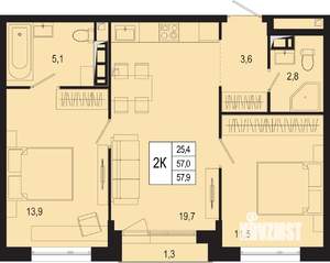 2-к квартира, вторичка, 57м2, 2/8 этаж