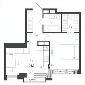 1-к квартира, строящийся дом, 38м2, 6/8 этаж