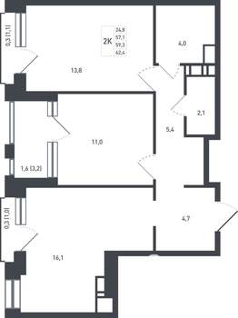 2-к квартира, вторичка, 62м2, 8/8 этаж