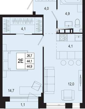 Студия квартира, вторичка, 44м2, 5/8 этаж