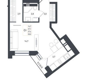Студия квартира, вторичка, 29м2, 4/8 этаж