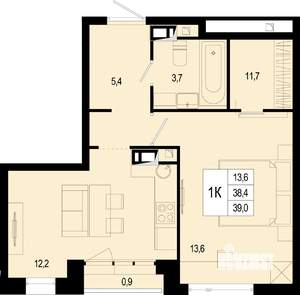 1-к квартира, строящийся дом, 38м2, 5/8 этаж