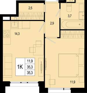 1-к квартира, вторичка, 35м2, 1/8 этаж