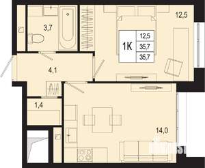 1-к квартира, вторичка, 36м2, 1/8 этаж