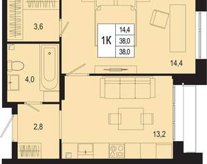 1-к квартира, вторичка, 38м2, 1/8 этаж