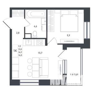 1-к квартира, вторичка, 37м2, 1/8 этаж
