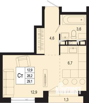 Студия квартира, строящийся дом, 28м2, 3/8 этаж