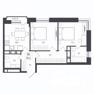 2-к квартира, строящийся дом, 51м2, 8/8 этаж