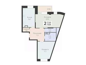 2-к квартира, строящийся дом, 80м2, 13/22 этаж