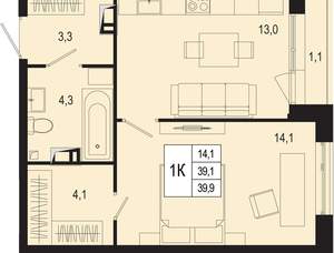 1-к квартира, вторичка, 39м2, 6/8 этаж