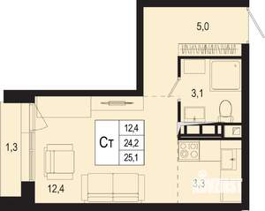 Студия квартира, строящийся дом, 24м2, 5/8 этаж