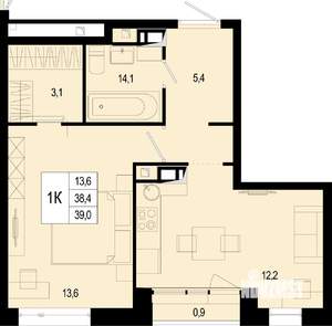 1-к квартира, строящийся дом, 38м2, 4/8 этаж