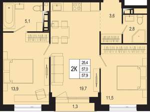 2-к квартира, вторичка, 57м2, 6/8 этаж